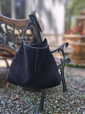 VICTORIA’S SECRET Black Faux Suede Hobo Bag Tassel Ring Handle